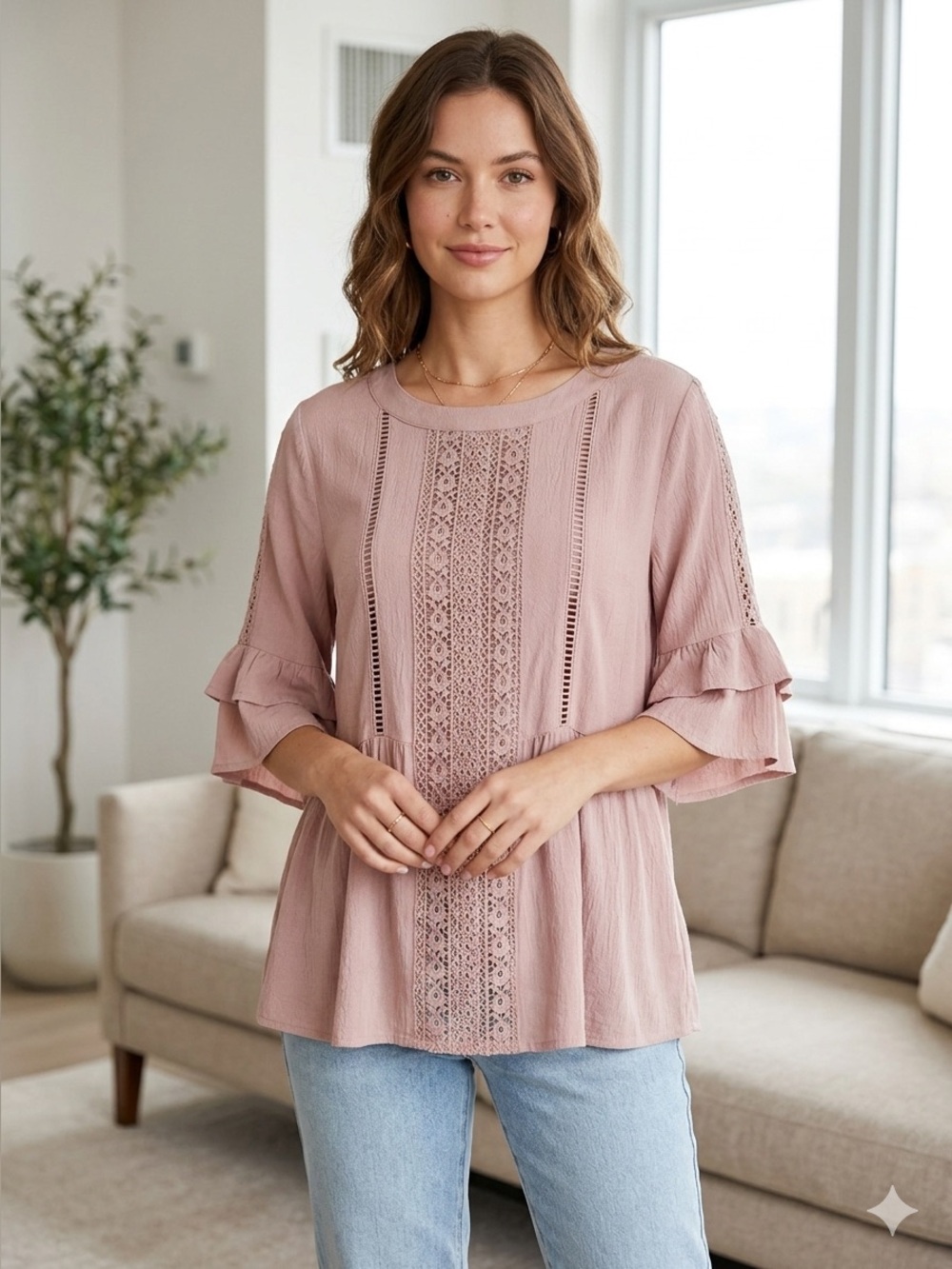 NWOT Doe & Rae Dusty Mauve Crochet-Front Ruffle Tunic